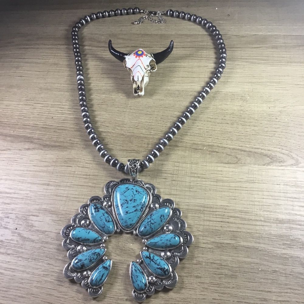 Turquoise and Silver Beaded Necklace With Large Squash Blossom Pendant